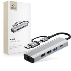 TECH-PROTECT HB03 HUB ADAPTER 5IN1 TYPE-C + USB2.0 + USB3.0 + RJ45 PROSTORNA SIVA