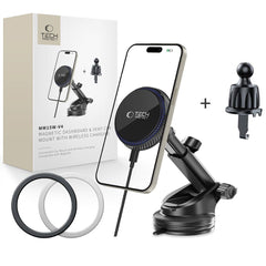 DRŽALO ZA TELEFON V AVTU S BREZŽIČNIM POLNJENJEM TECH-PROTECT MM15W-V4 MAGNETNO MAGSAFE DRŽALO ZA ARMATURNO PLOŠČO IN VENTILATOR BREZŽIČNI POLNILEC 15W ČRNA