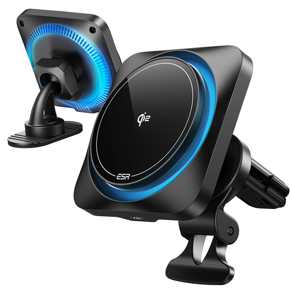 DRŽALO TELEFONA ZA AVTO S BREZŽIČNIM POLNJENJEM ESR HALOLOCK CRYOBOOST MAGNETIČNO MAGSAFE NAPRAVA ZA MONTIRANJE NA ARMATURNO PLOŠČO IN VENTILATOR BREZŽIČNI POLNILEC QI2 15W ZAMRZNJENI ONIKS