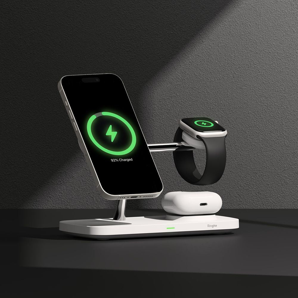 NABOJNI POSTAJ RINGKE 3IN1 QI2 MAGNETIC MAGSAFE BREZŽIČNI POLNILEC BELO