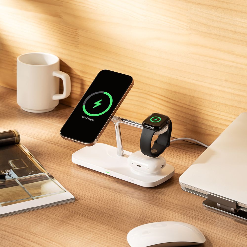 NABOJNI POSTAJ RINGKE 3IN1 QI2 MAGNETIC MAGSAFE BREZŽIČNI POLNILEC BELO