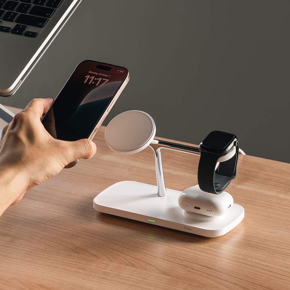 NABOJNI POSTAJ RINGKE 3IN1 QI2 MAGNETIC MAGSAFE BREZŽIČNI POLNILEC BELO