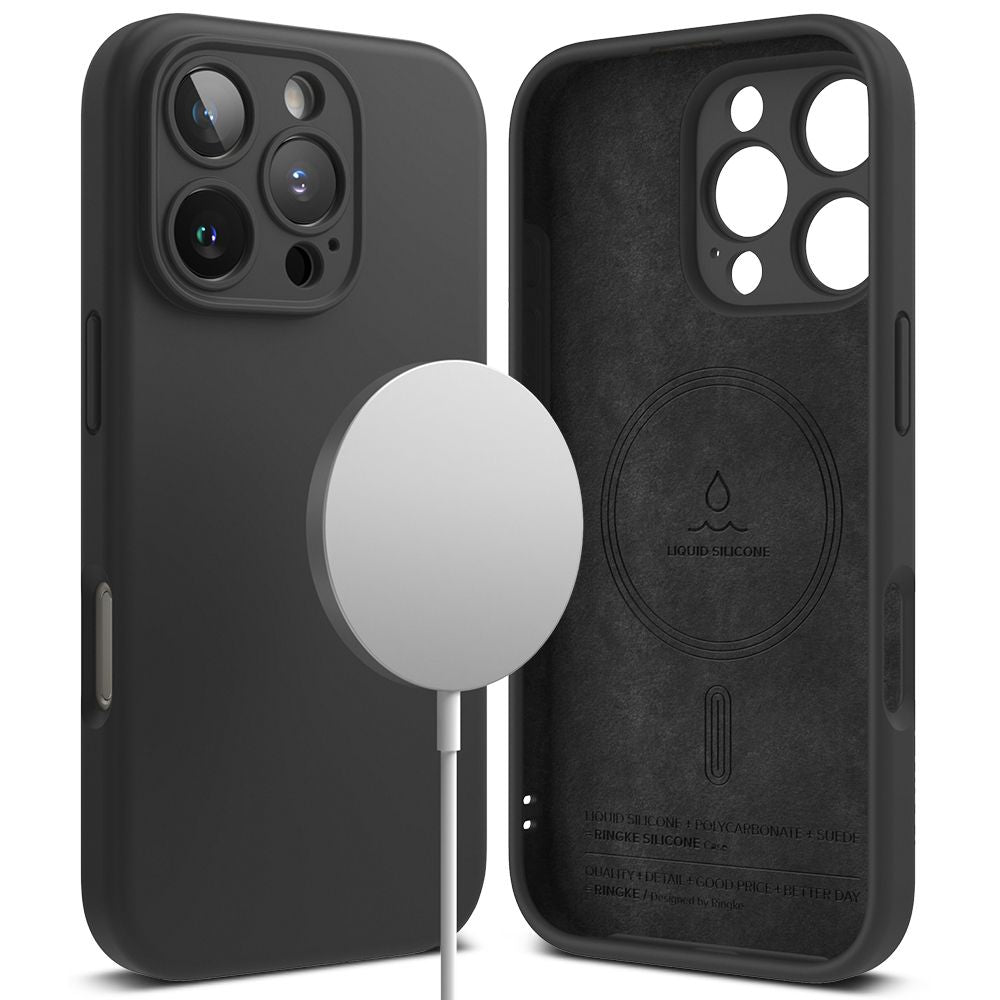 OVITEK ZA IPHONE 16 PRO MAX RINGKE SILIKONSKI MAGNETNI MAGSAFE ČRN