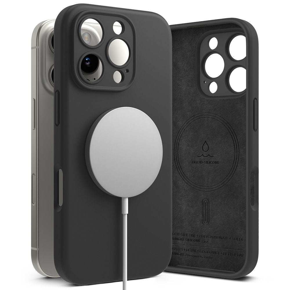 OVITEK ZA IPHONE 16 PRO MAX RINGKE SILIKONSKI MAGNETNI MAGSAFE ČRN