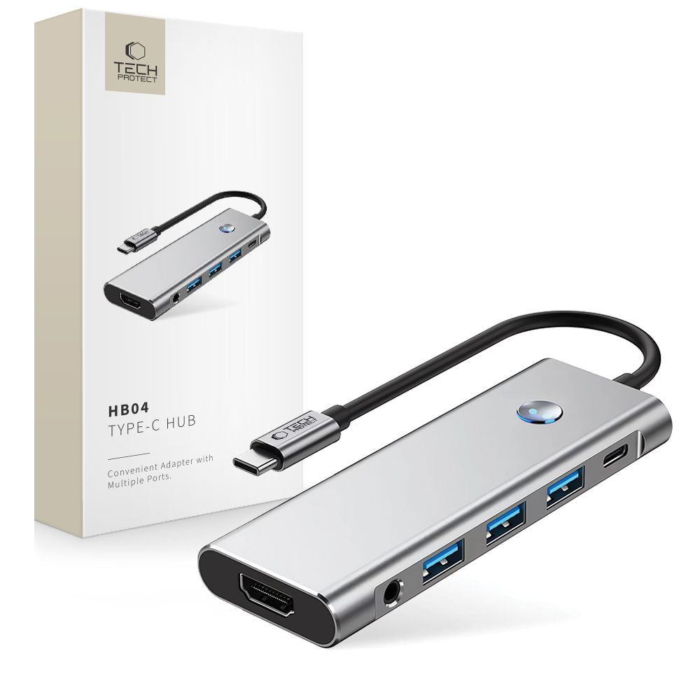 TECH-PROTECT HB04 HUB ADAPTER 9IN1 TYPE-C + USB2.0 + USB3.0 + HDMI 4K 60HZ + SD/TF + PD100W + AV3.5 PROSTORSKA SIVA