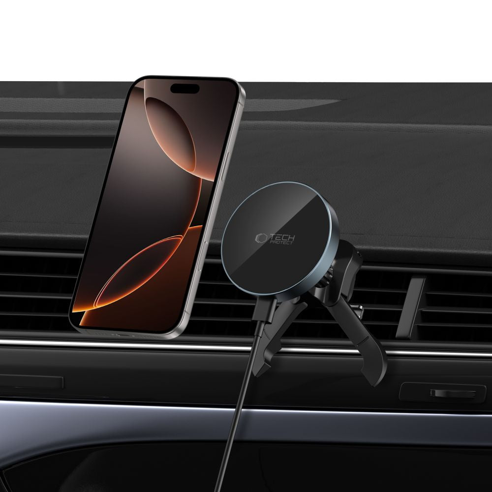 DRŽALO TELEFONA ZA AVTO S BREZŽIČNIM POLNJENJEM TECH-PROTECT MM15W-V5 MAGNETNO MAGSAFE STABILNO VENTILATORSKO DRŽALO AVTO POLNILNIK 15W ČRNA/ČRNA