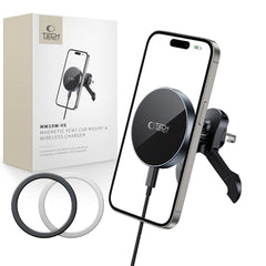 DRŽALO TELEFONA ZA AVTO S BREZŽIČNIM POLNJENJEM TECH-PROTECT MM15W-V5 MAGNETNO MAGSAFE STABILNO VENTILATORSKO DRŽALO AVTO POLNILNIK 15W ČRNA/ČRNA