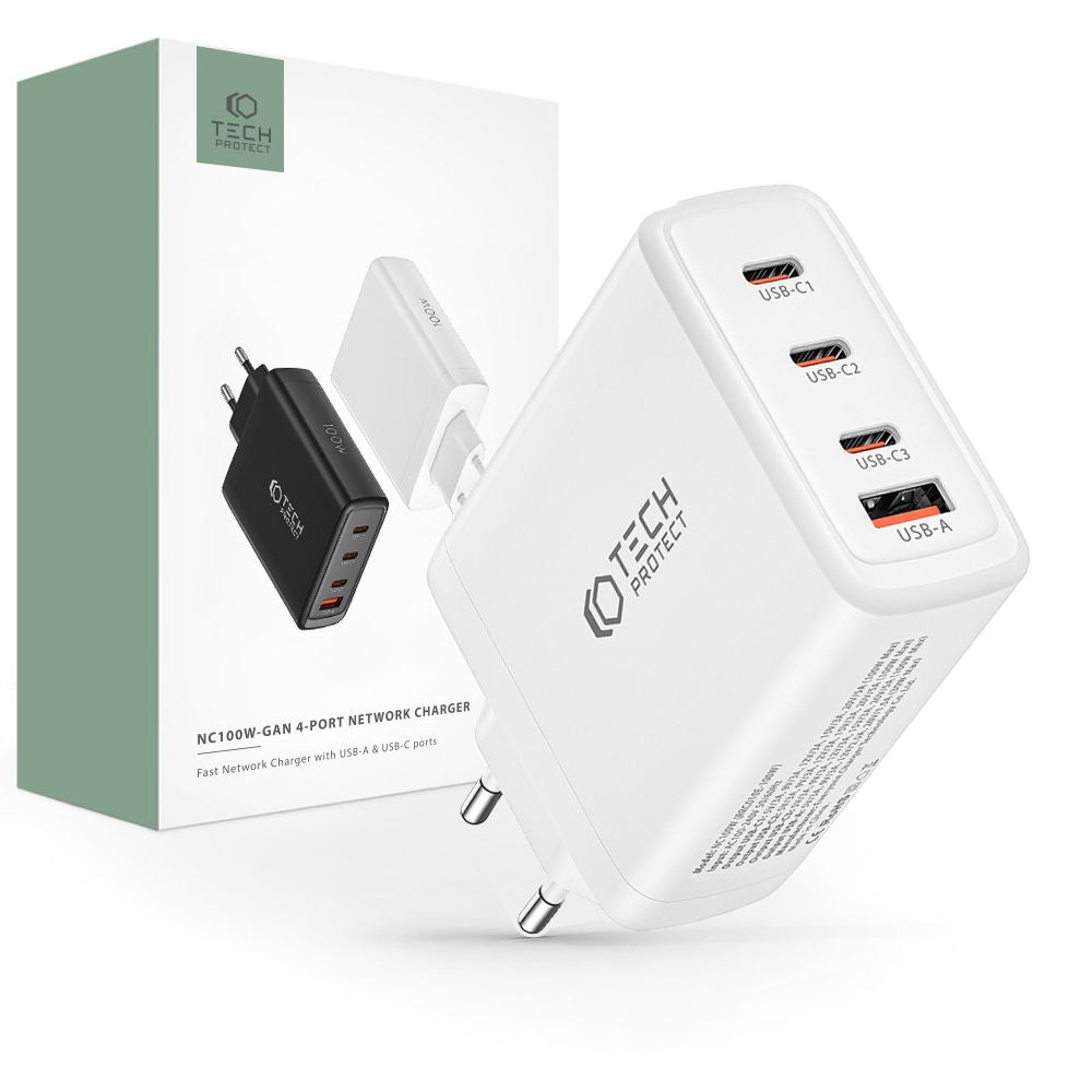 OMREŽNI POLNILEC ZA MOBILNE TELEFONE IN TABLICE TECH-PROTECT NC100W-GAN 4-PORT OMREŽNI POLNILEC PD100W/QC3.0 BELO