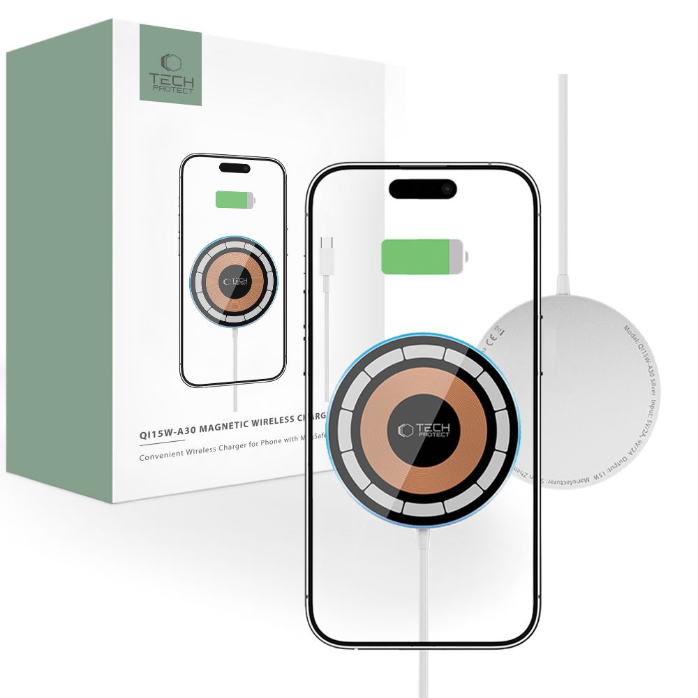 BESŽIČNI POLNILEC TECH-PROTECT QI15W-A30 MAGNETNI MAGSAFE BREŽIČNI POLNILEC SREBRNA