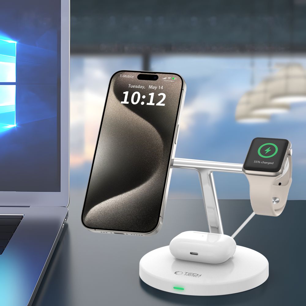 TECH-PROTECT QI15W-A35 3V1 MAGNETSKI MAGSAFE BREZŽIČNI POLNILEC BELE BARVE