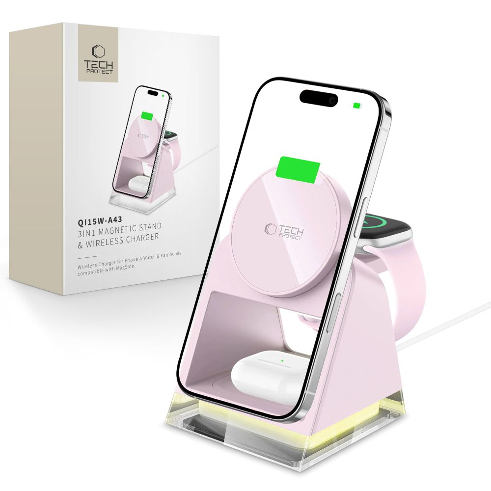 NABOJNI POSTAJA TECH-PROTECT QI15W-A43 3IN1 MAGNETNI MAGSAFE BREZŽIČNI POLNILEC BABY ROZA