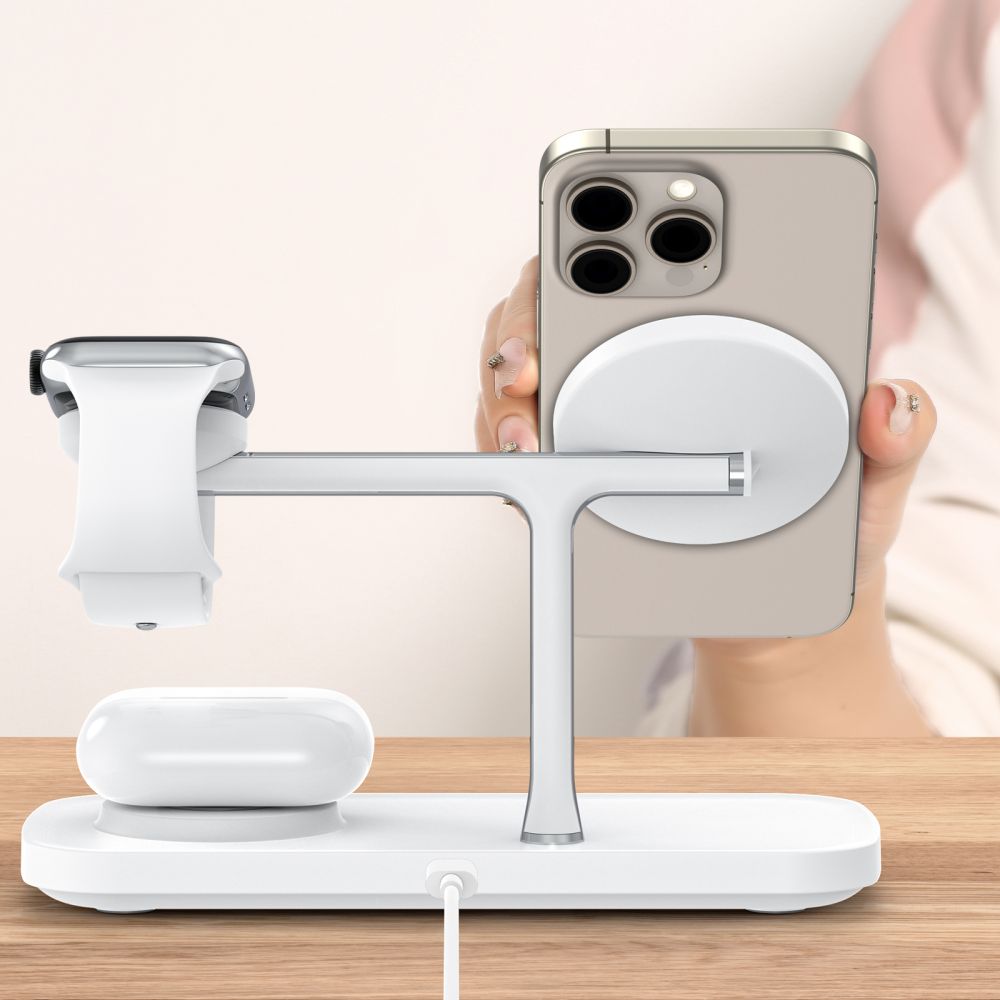 NABOJNI POSTAJA TECH-PROTECT QI15W-A45 3IN1 MAGNETNI MAGSAFE BREZŽIČNI POLNILEC BELE BARVE