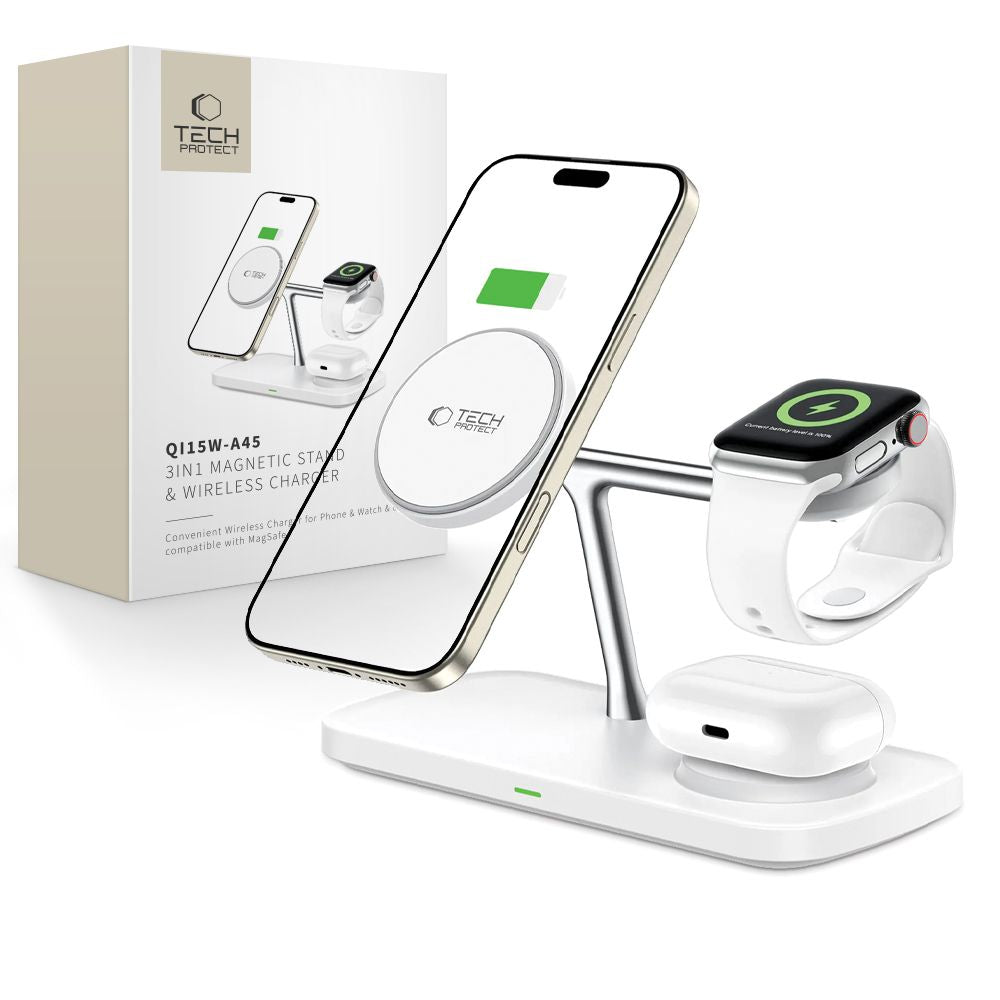 NABOJNI POSTAJA TECH-PROTECT QI15W-A45 3IN1 MAGNETNI MAGSAFE BREZŽIČNI POLNILEC BELE BARVE