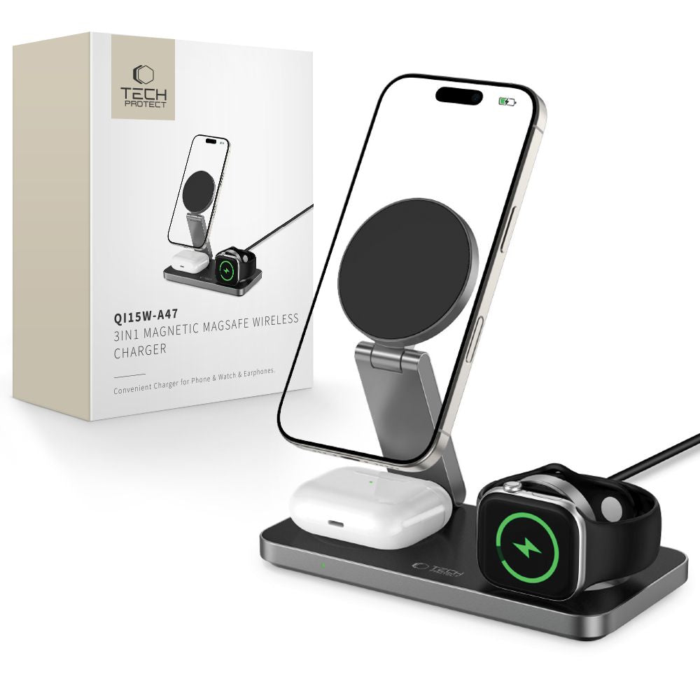 TECH-PROTECT QI15W-A47 3V1 MAGNETSKI MAGSAFE BREZŽIČNI POLNILEC ČRNA